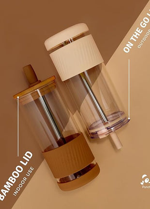 Pandaloo® Glass Cups With Lids and Straws -20 Fl Oz- Perfect Size Iced Coffee Cup - Smoothie Cup With Bamboo Lid and On the go Lid - Glass Tumbler With Straw (1 Count (Pack of 1), Vanilla Cream)