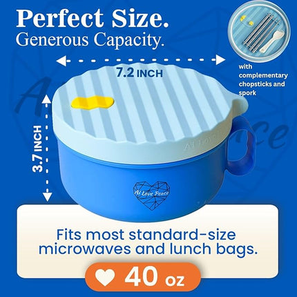 AI LOVE PEACE Ramen Bowl, 40 oz Microwaveable Noodle Cooker for Ramen, Pho, Soup, and Pasta, Dishwasher Safe and Portable, Ideal for Home, Office, Dorm, or Gift (Blue)