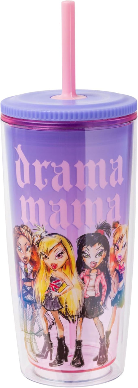 Silver Buffalo Bratz Drama Mama Featuring Cloe, Yasmin, Jade, and Sasha Plastic Tumbler Cold Cup with Lid and Straw, 20 Ounces