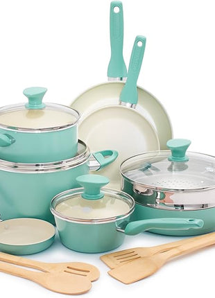 GreenPan Rio Healthy Ceramic Nonstick 16 Piece Cookware Pots and Pans Set, PFAS-Free, Dishwasher Safe, Turquoise