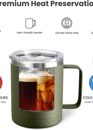 MEWAY 12oz Coffee Mug With Handle 4 Pack Bulk,Stainless Steel Insulated Travel Tumblers With Sliding Lid,Double Wall Vacuum Camping Cup for Hot & Cold Drinks Tea (Army Green,Set of 4)