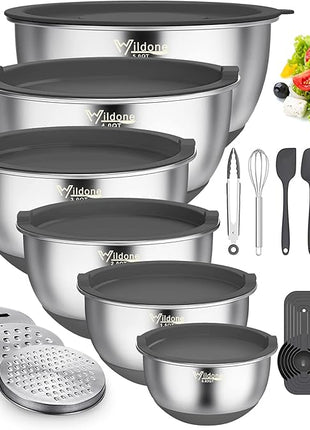 Wildone Mixing Bowls with Airtight Lids, 22 PCS Stainless Steel Mixing Bowls Set, 3 Grater Attachments, Measurement Marks & Non-Slip Bottom, Size 5, 4, 3, 2,1.5, 0.63QT, Ideal for Mixing & Prepping
