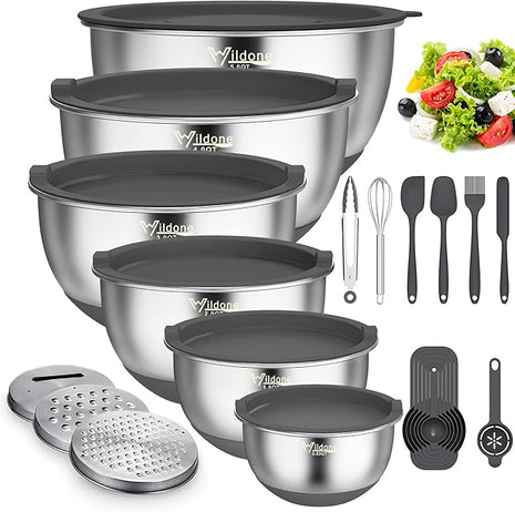 Wildone Mixing Bowls with Airtight Lids, 22 PCS Stainless Steel Mixing Bowls Set, 3 Grater Attachments, Measurement Marks & Non-Slip Bottom, Size 5, 4, 3, 2,1.5, 0.63QT, Ideal for Mixing & Prepping