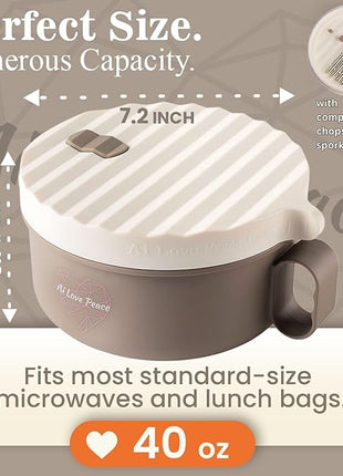 AI LOVE PEACE Ramen Bowl, 40 oz Microwaveable Noodle Cooker for Ramen, Pho, Soup, and Pasta, Dishwasher Safe and Portable, Ideal for Home, Office, Dorm, or Gift (Beige)