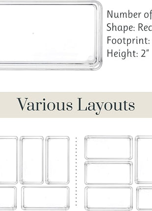 STORi SimpleSort 6-Piece Stackable Clear Drawer Organizer Set | 6" x 3" x 2" Rectangle Trays | Small Makeup Vanity Storage Bins and Office Desk Drawer Dividers | Made in USA