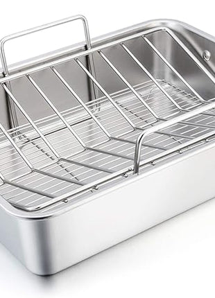 TeamFar Stainless Steel Roasting Pan, 16 Inch Large Turkey Roaster Lasagna Pan with V Rack & Cooling Rack Set for Roasting, Baking, Healthy & Heavy Duty, Deep Side & Dishwasher Safe - 3 PCS