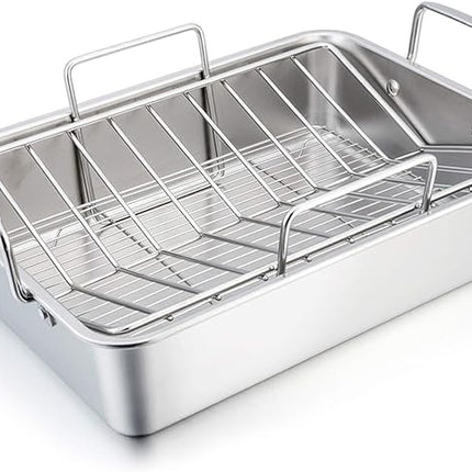 TeamFar Stainless Steel Roasting Pan, 16 Inch Large Turkey Roaster Lasagna Pan with V Rack & Cooling Rack Set for Roasting, Baking, Healthy & Heavy Duty, Deep Side & Dishwasher Safe - 3 PCS