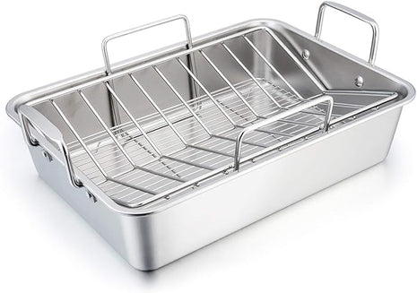 TeamFar Stainless Steel Roasting Pan, 16 Inch Large Turkey Roaster Lasagna Pan with V Rack & Cooling Rack Set for Roasting, Baking, Healthy & Heavy Duty, Deep Side & Dishwasher Safe - 3 PCS