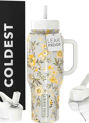 Coldest Tumbler with Handle and Straw - 100% Leak Proof Insulated Tumbler with Lid and Straw (3 Lids) - Stainless Steel Tumblers for Women & Men - Cup Holder Friendly Base, 36 oz (Summer Dress)