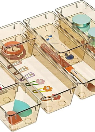 WOWBOX 9 Pack Clear Drawer Organizer Set, Acrylic Drawer Storage Trays, Storage Bins for Makeup, Cosmetics, Jewelries, Utensils, Gadgets, Office, Champagne