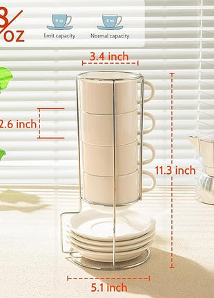 Sweese 8 Ounce Porcelain Stackable Cappuccino Cups with Saucers and Metal Stand - for Specialty Coffee Drinks, Cappuccino, Latte, Americano and Tea - Set of 4, White