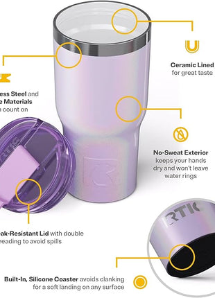RTIC 20oz Essential Tumbler with Lid, Ceramic Lined, Insulated, Stainless Steel, Metal, Double Wall Vacuum-Insulation, Travel Cup for Iced Coffee, Tea, Hot and Cold Drink, Lavender Glitter