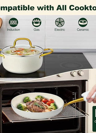 Pots and Pans Set Non Stick, 7 Piece White Granite Induction Cookware Set, Nonstick Kitchen Cooking Set with Gold Handle and Utensil, Oven Safe (PFOS, PFOA Free)