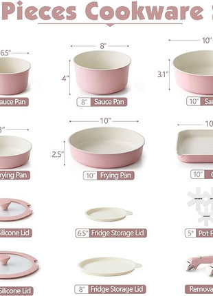 SENSARTE 17 Piece Ceramic Pots and Pans Set, Nonstick Detachable Handle Cookware, Induction Kitchen Cookware Set with Removable Handle, Dishwasher ＆ Oven Safe (Pink)