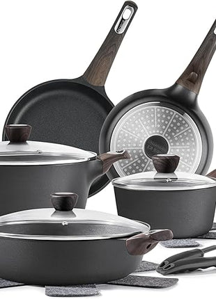 SENSARTE Pots and Pans Set Non stick, Non toxic Healthy Induction Cookware Set, 14 Pcs Non Stick Kitchen Cooking Set with Frying Pans Set & Saucepan, PFOA PFOS APEO Free, Black