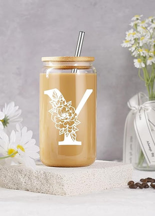Coolife Initial Glass Cup, Monogrammed Gifts for Women, 16 oz Glass Cups w/Lids Straws, Iced Coffee Smoothie Beer Tumbler w/Straw Lid - Personalized Christmas, Birthday Gifts for Her Mom Friend Woman