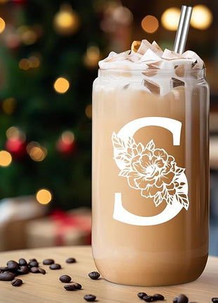 Coolife Initial Glass Cup, Monogrammed Gifts for Women, 16 oz Glass Cups w/Lids Straws, Iced Coffee Smoothie Beer Tumbler w/Straw Lid - Personalized Christmas, Birthday Gifts for Her Mom Friend Woman