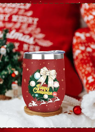 MEZMUT Christmas Wine Tumbler Unique Mom Christmas Gifts for Women Her 12oz Stainless Steel Wine Glass Christmas Cups Insulated Tumblers with Lids&Straws Double Wall Vacuum Coffee Tumbler Mugs