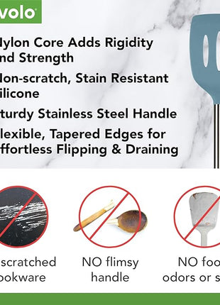 Tovolo Slotted Silicone Spatula Turner Slotted Stainless Steel Handle 10" Blue Slate Heat Resistant Non Toxic BPA Free Kitchen Utensil, Silicone Egg Pancake Flipper Metal Handle Turner for Cooking