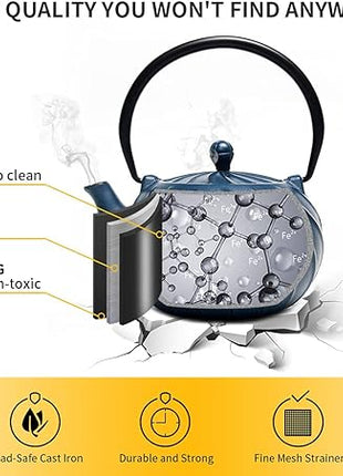 Tea Kettle, TOPTIER Japanese Cast Iron Teapot with Stainless Steel Infuser, Cast Iron Tea Kettle for Stove Top, Wave Design Teapot Coated with Enameled Interior for 30 Ounce (900 ml), Navy Blue