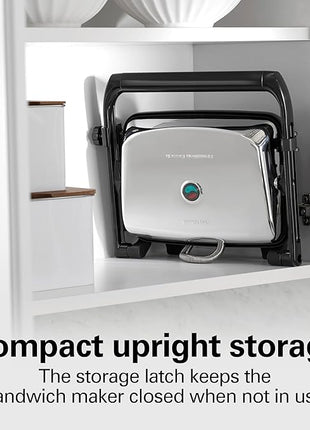 Hamilton Beach Panini Press Sandwich Maker & Electric Indoor Grill with Locking Lid, Opens Wide to Fit Any Thickness for Quesadillas, Burgers & More, Nonstick 8" x 10" Grids, Chrome (25460AG)