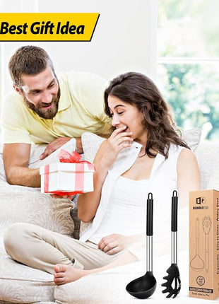 Silicone Pasta Fork and Ladle Spoon Set, Large Non Stick Kitchen Utensils for Cooking,Stirring,Serving Spaghetti, Soup, Sauce (BLACK)