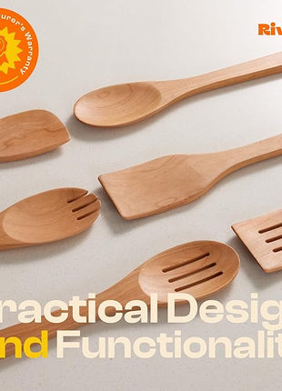 Riveira Cherry Wooden Spoons for Cooking Set of 6 – Natural Cherry Wooden Cooking Utensils, Wooden Spatula, Wooden Spoon - Premium Quality Wooden Utensil Set for Non-Toxic Cooking