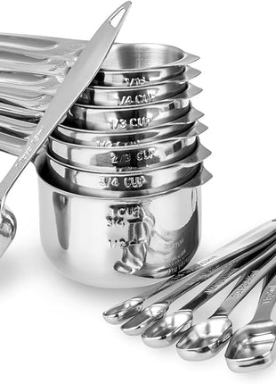 13-piece Measuring Cups and Spoons Set, 18/8 Stainless Steel Heavy Duty Ergonomic Handle with Ring Connector, Silver