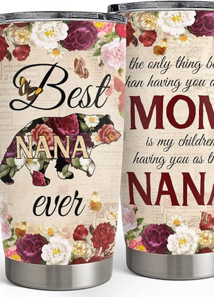 SANDJEST Best Nana Ever Tumbler Gift for Grandmas from Grandkids - 20oz Floral Insulated Stainless Steel Travel Mug Granny Christmas, Birthday, Mother's Day Gifts for Nana, Gigi from Grandchildren
