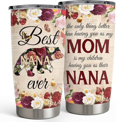 SANDJEST Best Nana Ever Tumbler Gift for Grandmas from Grandkids - 20oz Floral Insulated Stainless Steel Travel Mug Granny Christmas, Birthday, Mother's Day Gifts for Nana, Gigi from Grandchildren