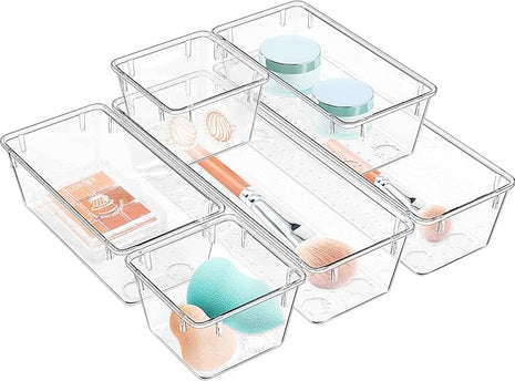 WOWBOX 6 Pack Clear Drawer Organizer Set, Acrylic Drawer Storage Trays, Storage Bins for Makeup, Cosmetics, Jewelries, Utensils, Gadgets, Office