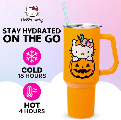 Silver Buffalo Sanrio Hello Kitty Halloween Jack-O-Lantern Stainless Steel Tumbler with Handle and Straw, Fits in Standard Cup Holder, 40 Ounces