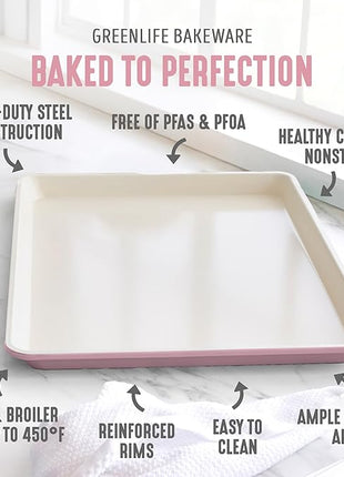 GreenLife Bakeware 18” x 13” Half Cookie Sheet Baking Pan, Non-Toxic PFAS-Free Healthy Ceramic Nonstick, Oven Safe to 450°F, Easy Release, Even Heating, Easy Clean, Pink