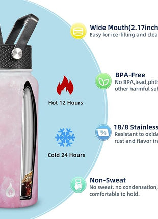 BJPKPK Insulated Water Bottles with Straw Lid, 32oz Metal Large Water Bottle with 3 Lids, Reusable Leak Proof BPA Free Thermo, Stainless Steel Tumblers for Sports, Gym, Travel-Blossom