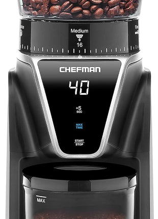 Chefman Conical Burr Coffee Grinder, Create The Boldest & Most Flavorful Grind With 31 Settings From Coarse To Extra Fine, One-Touch Digital Control & 9.7-oz Bean Capacity, Black