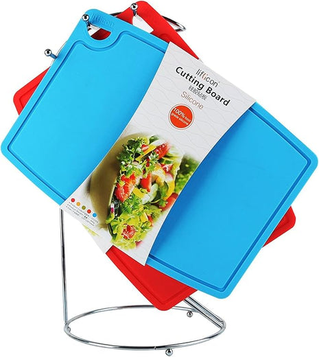 Liflicon Thick Cutting Boards for Kitchen Silicone Chopping Board Set of 2 Mid 12.6'' x 9.1”,Mini 9.1”x7.1” Non-slip Deep Drip Juice Groove Easy Grip Handle,Dishwasher Safe-Blue