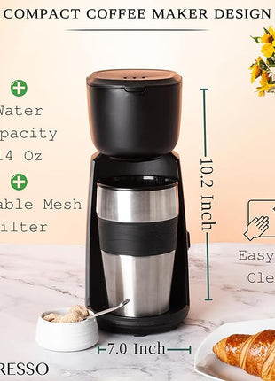 Mixpresso Personal Single Serve Coffee Maker & 14oz Travel Mug, Drip Small Coffee Maker & Tumbler, Auto Shut Off & Reusable Filter, Compatible with Coffee Grounds