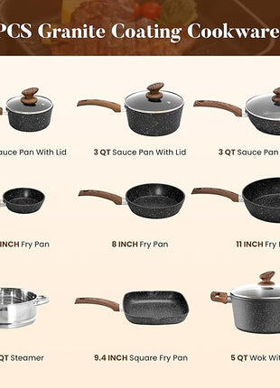 Kitchen Induction Cookware & Bakeware Set - 30 Piece Black Granite Cooking Pans Set, Non-Stick Pots and Pans Set