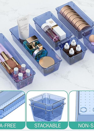 WOWBOX 6 Pack Clear Drawer Organizer Set, Acrylic Drawer Storage Trays, Storage Bins for Makeup, Cosmetics, Jewelries, Utensils, Gadgets, Office, Dark Blue