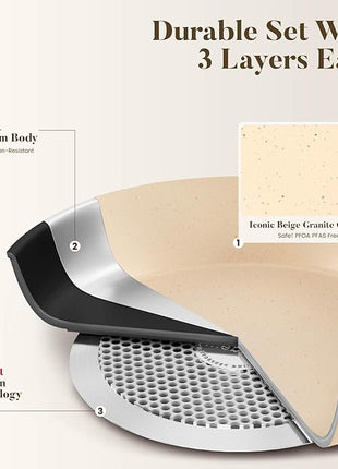 Kitchen Academy Induction Pots and Pans Set Non Stick - 12 Pieces Nonstick Kitchen Cookware Set, Granite Cooking Set Pots and Pans, Beige