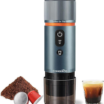 CONQUECO Portable Espresso Coffee Machine: 12V Electric Small Travel Expresso Maker - Self Heating 8 Cups Battery Powered Compatible for Nespresso Capsule - for Camping RV Hiking Office (Smoke Blue)