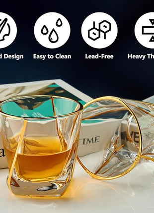 GLASKEY Crystal Whiskey Glasses Set of 2 with 24K Gold Rim,Bar Glasses,Twisted Whiskey Glass Gold Collection for Bourbon,Scotch and Wine,Rock Barware for Men Gift - 8oz