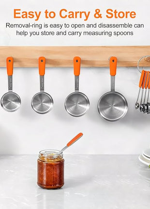 Measuring Cups and Spoons Set Stainless Steel 10 Piece for Cooking and Baking (5 Cups + 5 Spoons, Orange Handle)