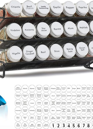 SpaceAid Spice Rack Organizer with 21 Spice Jars, 386 Spice Labels, Chalk Marker and Funnel Set for Cabinet, Countertop, Pantry, Cupboard or Door & Wall Mount - 21 Jars, 13.4" W × 9" H, White