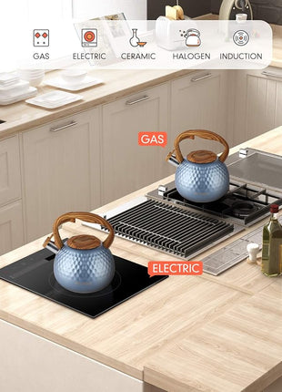 BELANKO 2.7 Quart Tea Kettle for Stovetop - Food Grade Stainless Steel with Diamond Texture, Designer Teapot Look, Cool-Touch Wood Pattern Handle, Whistling Spout - Glacier Blue