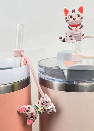 Velaco 10Pcs 0.4in/10mm Diameter Silicone Straw Covers Cap Compatible with Stanley 20 30&40 Oz Cup, Cute Cat Straw Toppers for Stanley 40 Oz Tumbler with Handle, Dust-Proof Straw Caps for Water Bottle