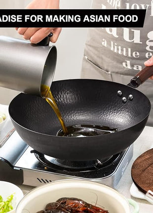 12.8" Carbon Steel Wok-11Pcs Woks & Stir Fry Pans Wok Pan with Lid, No Chemical Coated Chinese Woks with 10 Cookware Accessories, Flat Bottom Wok for Electric, Induction,Gas Stoves