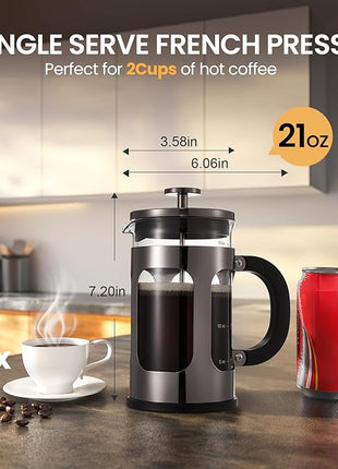 BAYKA 21 Ounce 0.6 Liter French Press Coffee Tea Maker Small, Heat Resistant Thickened Borosilicate Glass Stainless Steel Single Serve Brewer, Cold Brew Cafetera Teapot, Dark Pewter