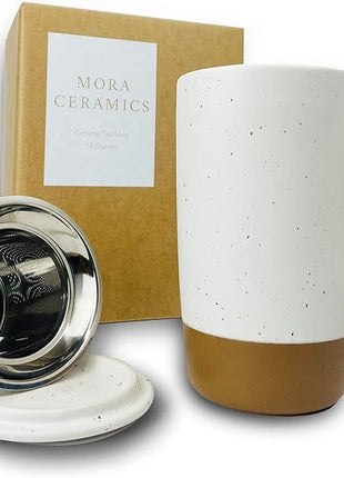 Mora Ceramics Large Tea Mug with Loose Leaf Infuser and Ceramic Lid, 18 oz, Portable, Microwave and Dishwasher Safe, Tall Coffee Cup - Rustic Matte Ceramic Glaze, Modern Herbal Tea Strainer, Cotton