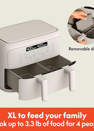 bella 4 Qt TriZone Air Fryer, EverGood™ Ceramic Nonstick Coating, Dual Basket Design w Removable Divider, Digital Touchscreen Control w 6 Preset Cooking Options, 1200 Watt, 3lb Capacity, Oatmilk